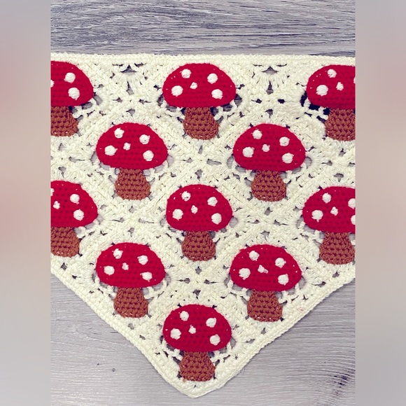 Handmade Crochet Cream & Red Mushroom Toadstool Bandana Headscarf Accessory - Picture 2 of 6